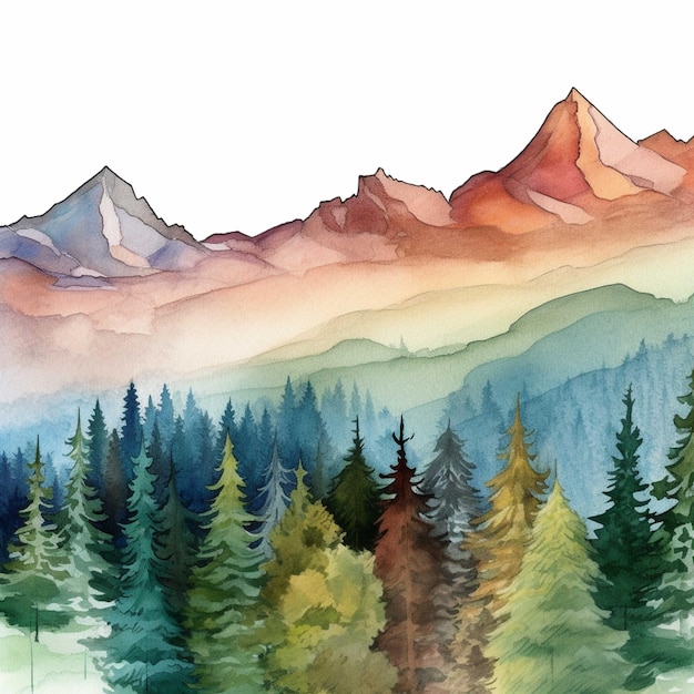 Aquarell-Berglandschaft mit Nadelwald. Handgezeichnete Illustration