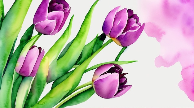 Aquarell-Bildkarte mit rosa und weißen Tulpen