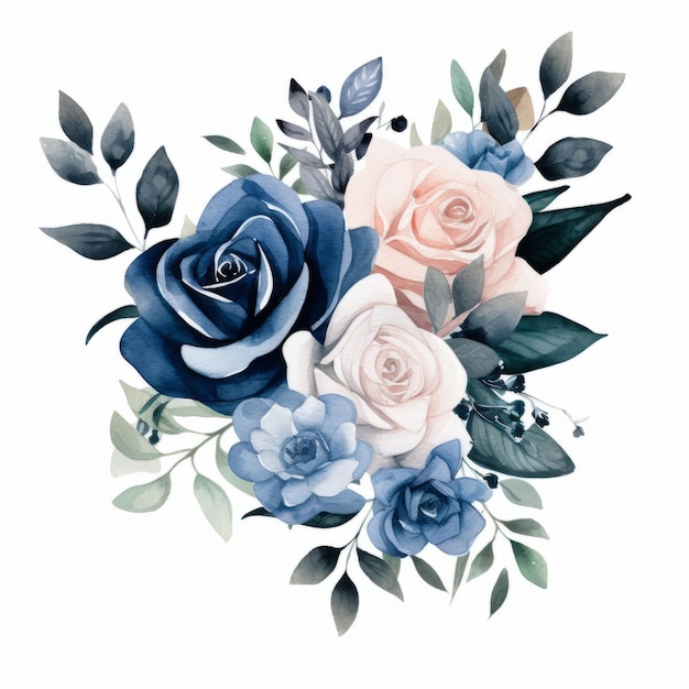 Aquarell-Blau-Rosen-Büchel-Illustration mit Denim-Blauen Farbtönen