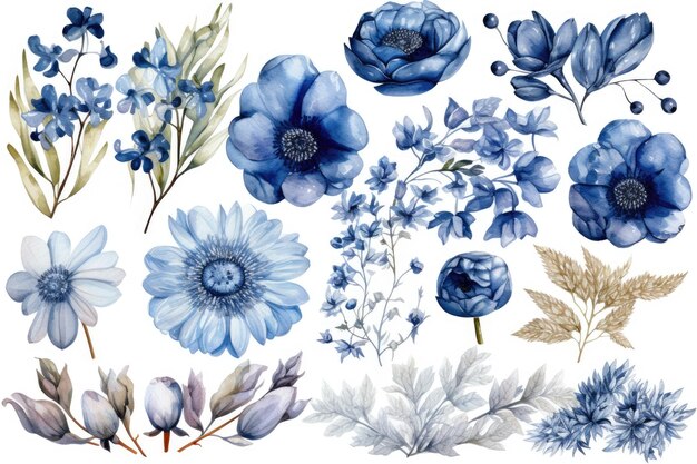 Aquarell blaue Blumenarrangement-Kollektion