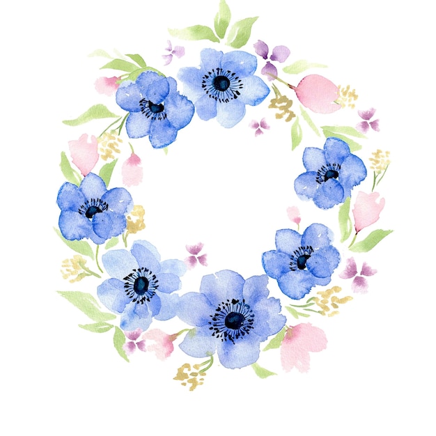 Aquarell blauer Blumenanemonenkranzrahmen Blaue Anemonen botanische Illustration mit Blättern und Frühlingsblumen Grußkarten florale Vorlage