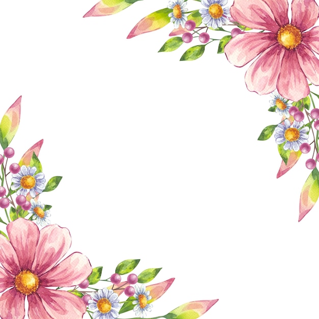 Aquarell blühende Blüte Eckrahmen rosa Kosmos weiß Gänseblümchen Kamille Beeren grüne Blätter
