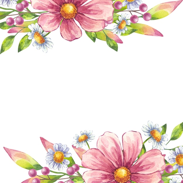 Aquarell blühende Blüte horizontaler botanischer Rahmen rosa Kosmos weißes Gänseblümchen Kamille Beeren