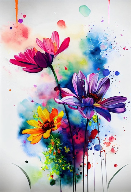 Aquarell blühende Frühlingsblumen mit Splash-Hintergrund