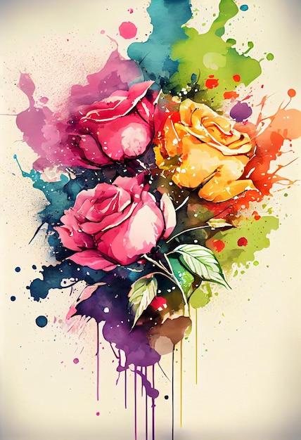 Aquarell blühende Rosenblüten mit Splash-Hintergrund