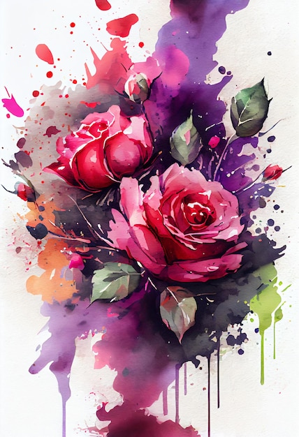 Aquarell blühende Rosenblüten mit Splash-Hintergrund