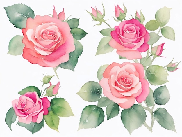 Aquarell-Blumen-ClipArt und wunderschönes Vintage-Rosa-Blume-Zweigblatt. Generative KI