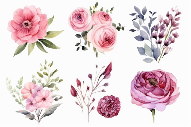 Aquarell-Blumen-Illustrationsset