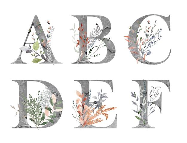 Aquarell Blumenalphabet mit Blättern