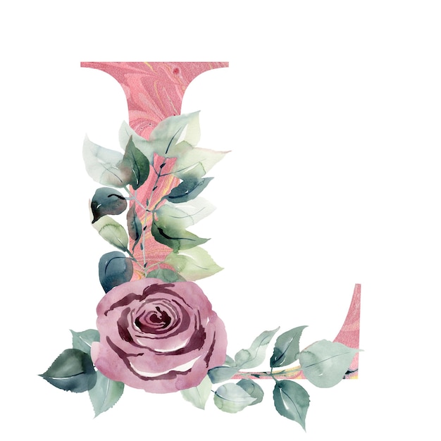 Aquarell Blumenbuchstabe L mit Rose