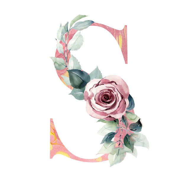 Aquarell Blumenbuchstabe S mit Rose