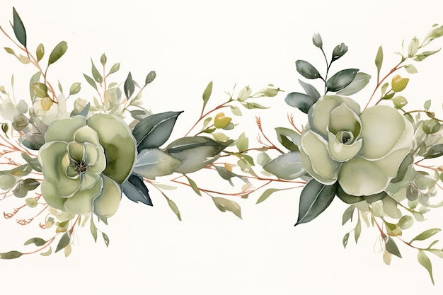 Aquarell-Blumenrahmen mit Blättern und Rosen