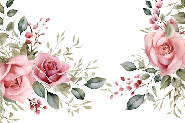 Foto aquarell-blumenrahmen mit blättern und rosen