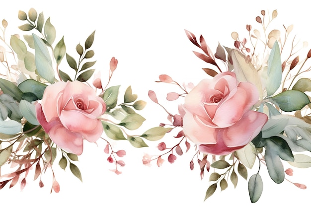 Aquarell-Blumenrahmen mit Blättern und Rosen