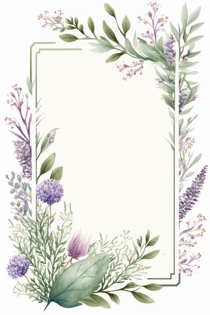 Aquarell-Blumenrahmen mit lila Blumen und Kräutern. Handgezeichnete Illustration