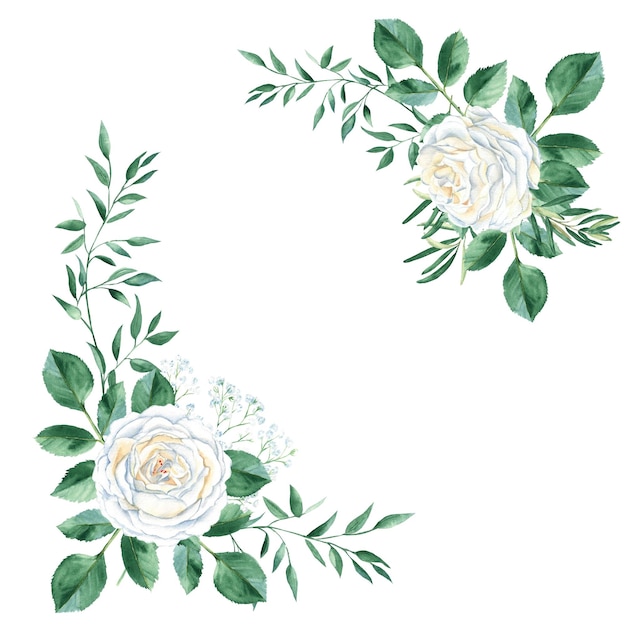 Aquarell Blumensträuße Ecken Illustration mit weißen Rosen Gypsophila und rustikalem Grün