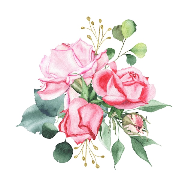 Foto aquarell-blumenstrauß-arrangement mit rosaroten rosenknospenblumen-grünblättern