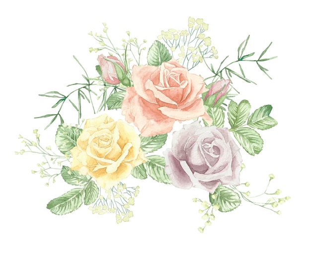 Aquarell Blumenstrauß Illustration mit gelb-orangeen lila Blumen grünen Blättern