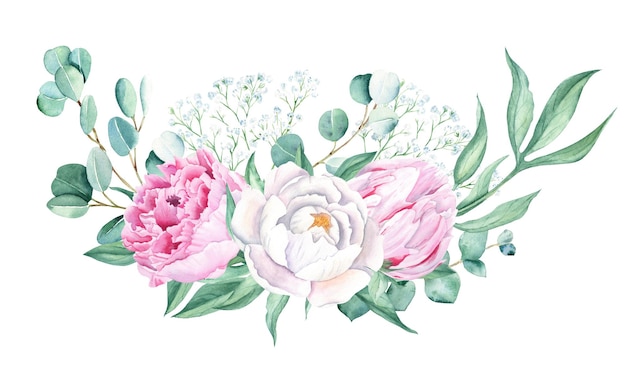 Aquarell Blumenstrauß weiß und rosa Pfingstrose Eukalyptus und Gypsophila Zweige handgemalte Illustration