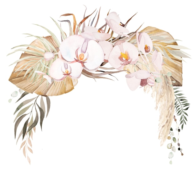 Aquarell böhmischer Blumenstrauß mit tropischen und Baumwollblumen getrocknete Palmblätter und Pampasgras Illustration mit Kopierraum isoliert Beige Anordnung für Hochzeitsdesign Grußkarten Basteln