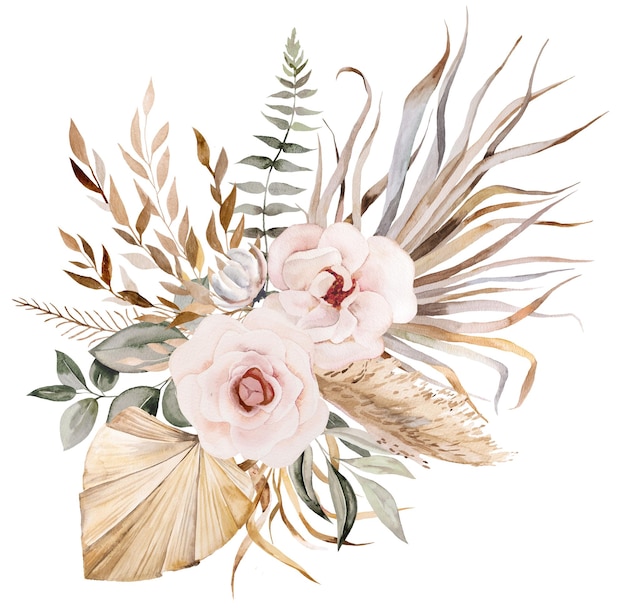 Aquarell-böhmischer Blumenstrauß mit tropischen und Baumwollblumen, getrockneten Palmblättern und Pampasgrasillustration mit lokalisiertem Kopienraum. Beige Arrangement für Hochzeitsdesign, Grußkarten, Basteln