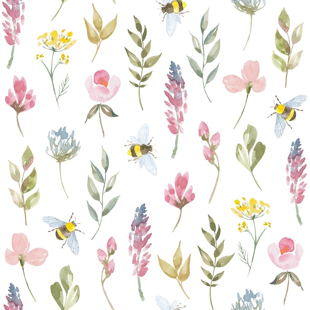 Aquarell botanische nahtlose Muster wilde Blumen und Gartenpflanzen Handgezeichnete Blätter rosa Blumen Kräuter und natürliche Elemente für Geburtstag Hochzeitskarte Einladung Gruß Muttertag