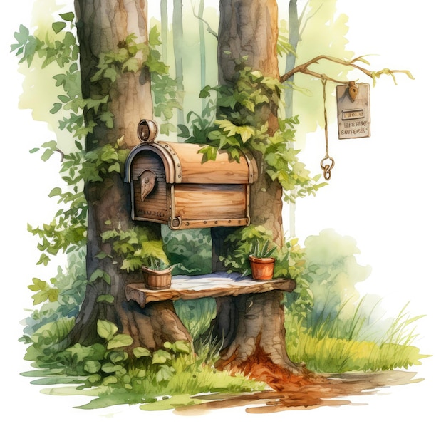 Aquarell-Briefkasten in einem Baum auf weißem Hintergrund