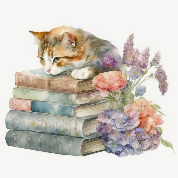 Aquarell-Buchillustration mit der Katze und den Blumen lokalisiert auf weißem Hintergrund