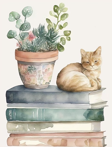 Aquarell-Buchillustration mit Katze und Pflanzen isoliert auf weißem Hintergrund