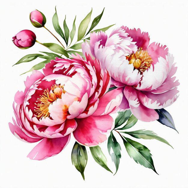 Aquarell-Bündel-Set der Pfingstrosenblume und Blätter Elemente Set Clipart