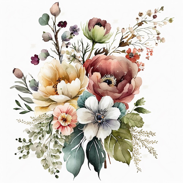 Aquarell bunter Blumenstrauß isoliert auf weißem Hintergrund Botanische Illustration