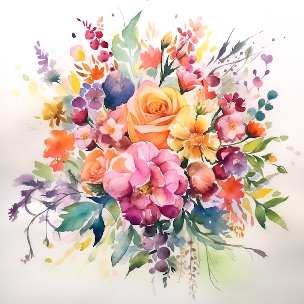 Aquarell bunter Blumenstrauß isoliert auf weißem Hintergrund Einladung zur Hochzeit