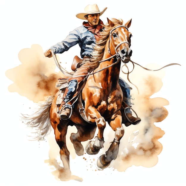 Aquarell-Cartoon-Cowboy, der auf einem sich aufbäumenden Pferd reitet, Western-Wild-West-Cowboy-Wüstenillustration