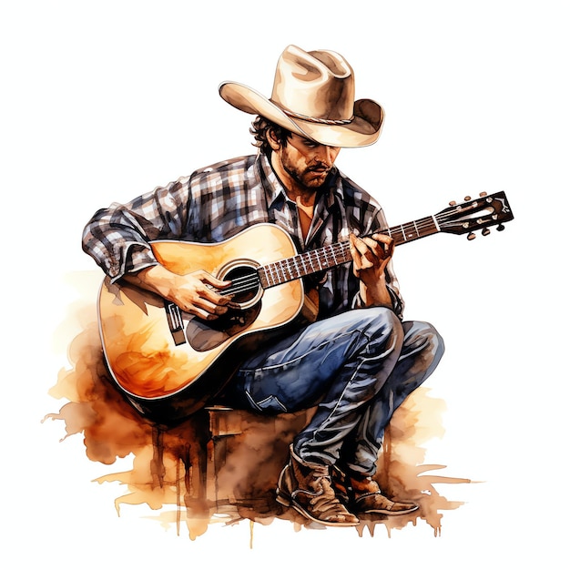 Aquarell-Cartoon-Cowboy mit Gitarre, Western-Wild-West-Cowboy-Wüstenillustration