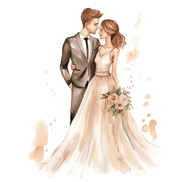 Aquarell-Cartoon-Hochzeitspaar auf weißem Hintergrund