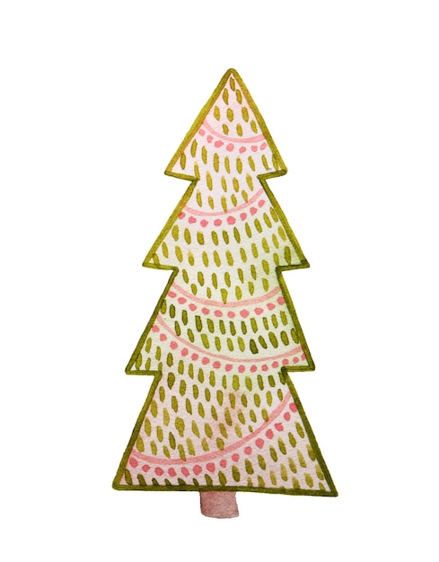 Aquarell-Cartoon-Weihnachtsbaum mit Nadeln Handgezeichnete Illustration in rosa-grünen Farben