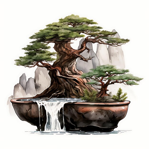 Foto aquarell cedar bonsai baum stein topf nadel wie blätter majestic conc clipart t-shirt isoliert