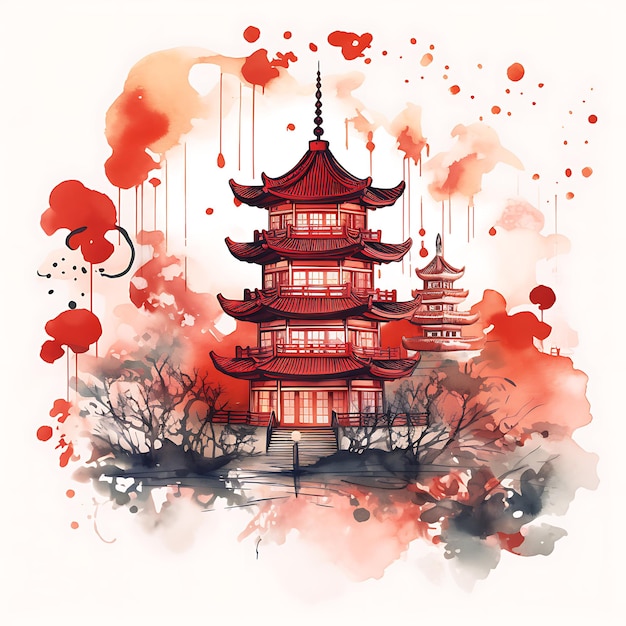 Aquarell China Thema Rot geschmückte Pagode mit Laternen und Ornamenten C kreative Kunstwerke
