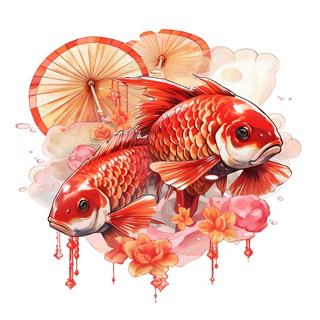 Aquarell-China-Thema Süßes und Sauer Fisch mit roten Regenschirmen und goldenen kreativen Kunstwerken