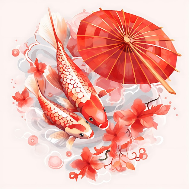 Aquarell-China-Thema Süßes und Sauer Fisch mit roten Regenschirmen und goldenen kreativen Kunstwerken