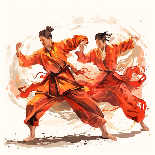 Aquarell China-Thema Traditionelle Kampfkunst-Demonstration mit rotem Kreativkunstwerk
