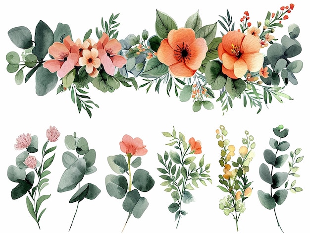 Aquarell-Clip-Art von Wiesenblumen mit weißem Hintergrund