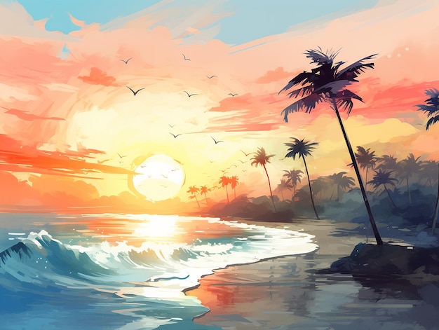 Aquarell-Clipart einer ruhigen Sonnenuntergangsszene mit sanften Wellen