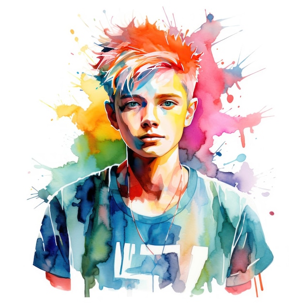 Aquarell-Clipart eines High-School-Jungen mit funky gefärbten Haaren