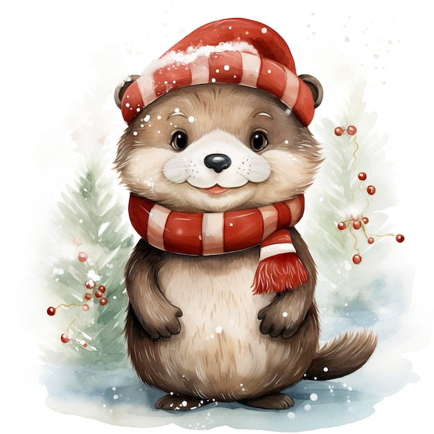 Aquarell-Clipart-Illustration von Ottern, die in Weihnachtskleidung gekleidet sind