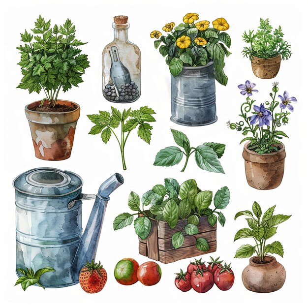 Foto aquarell-clipart-set mit charmanten gartengegenständen in lebhaften farbtönen auf weißem hintergrund