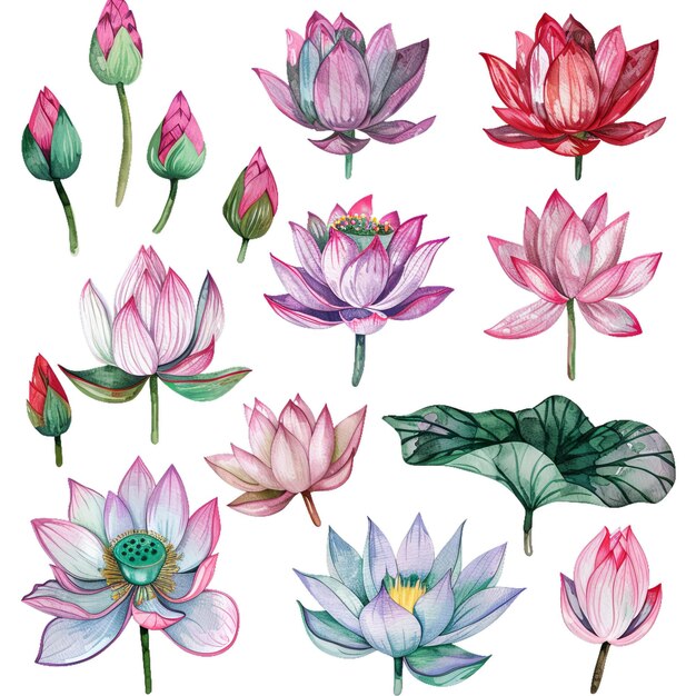 Foto aquarell-clipart-set mit lotusblumen auf weißem hintergrund