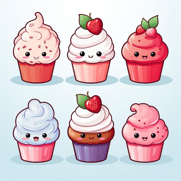 Aquarell-Clipart-Set mit weißem Hintergrund Kawaii süßer Cupcake