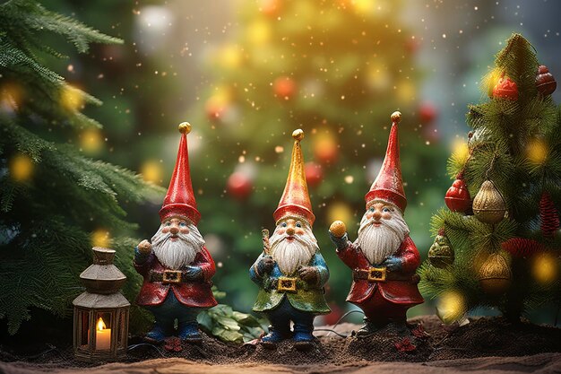 Foto aquarell-clipart weihnachtsgnomen in der nähe des geschmückten weihnachtenbaums