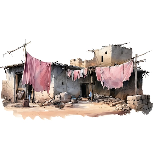 Aquarell Cottage of Crumbling Hovel Tattered Cloth Banners Verblasste Rosatöne Kunst 2D-Vektor